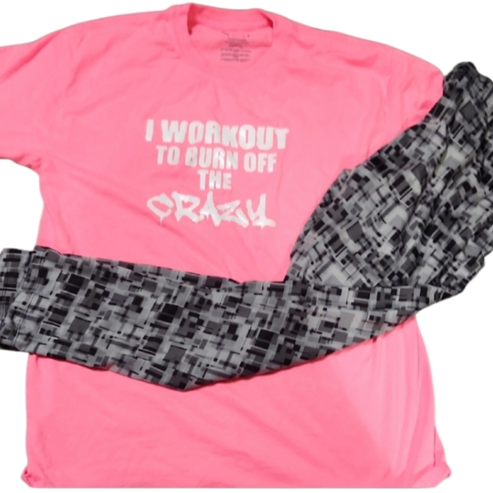 Pink Workout Shirt with Graphic Print and Black Patterned Leggings Fits 14